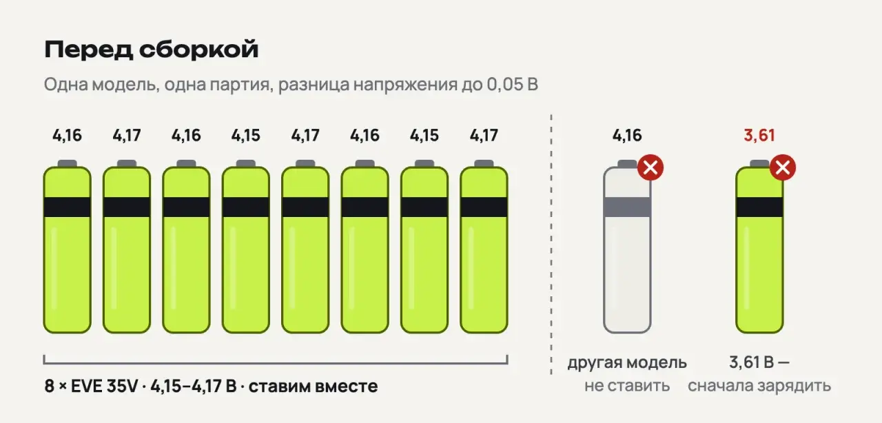 Восемь одинаковых элементов с напряжением от 4,15 до 4,17 В стоят вместе; отдельно отложены элемент другой модели и элемент с напряжением 3,61 В, оба помечены красным крестиком