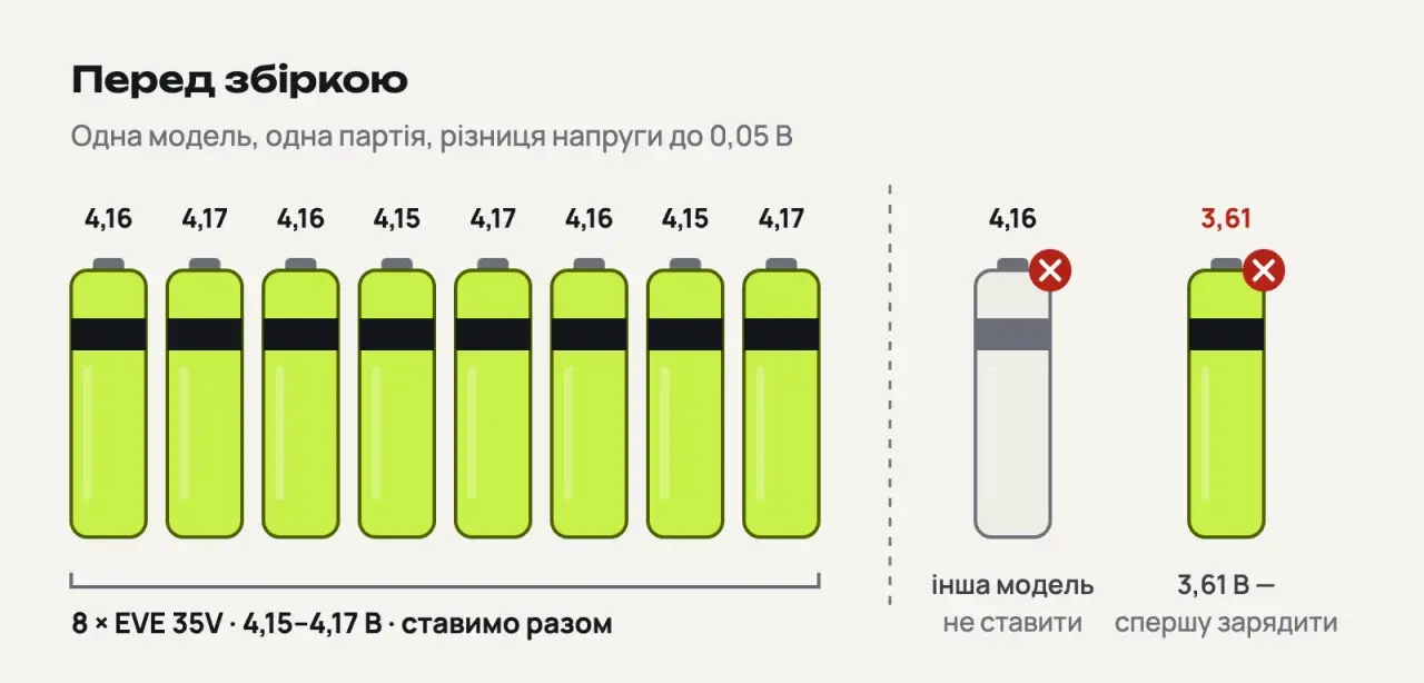 Вісім однакових елементів з напругою від 4,15 до 4,17 В стоять разом; окремо відкладені елемент іншої моделі і елемент з напругою 3,61 В, обидва позначені червоним хрестиком